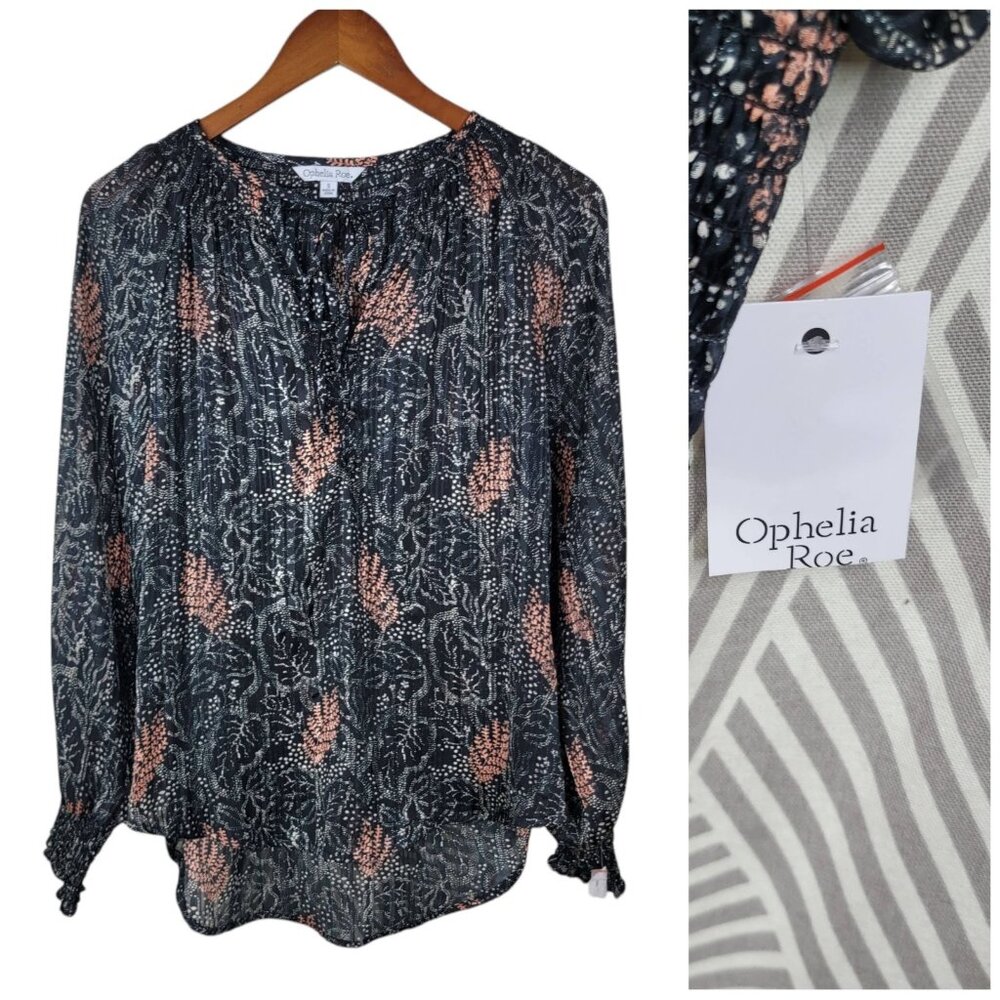 New Ophelia Roe Blouse Top size Small Sheer Floral boho Black Pink Flowy